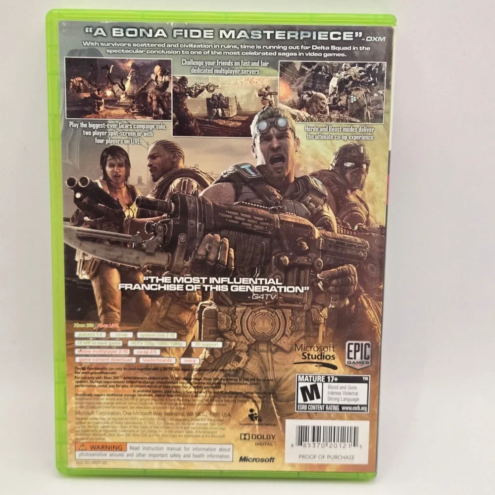 Microsoft Gears of‎ War 3 Xbox 360 Video Game Mature Tactical Shooter Action